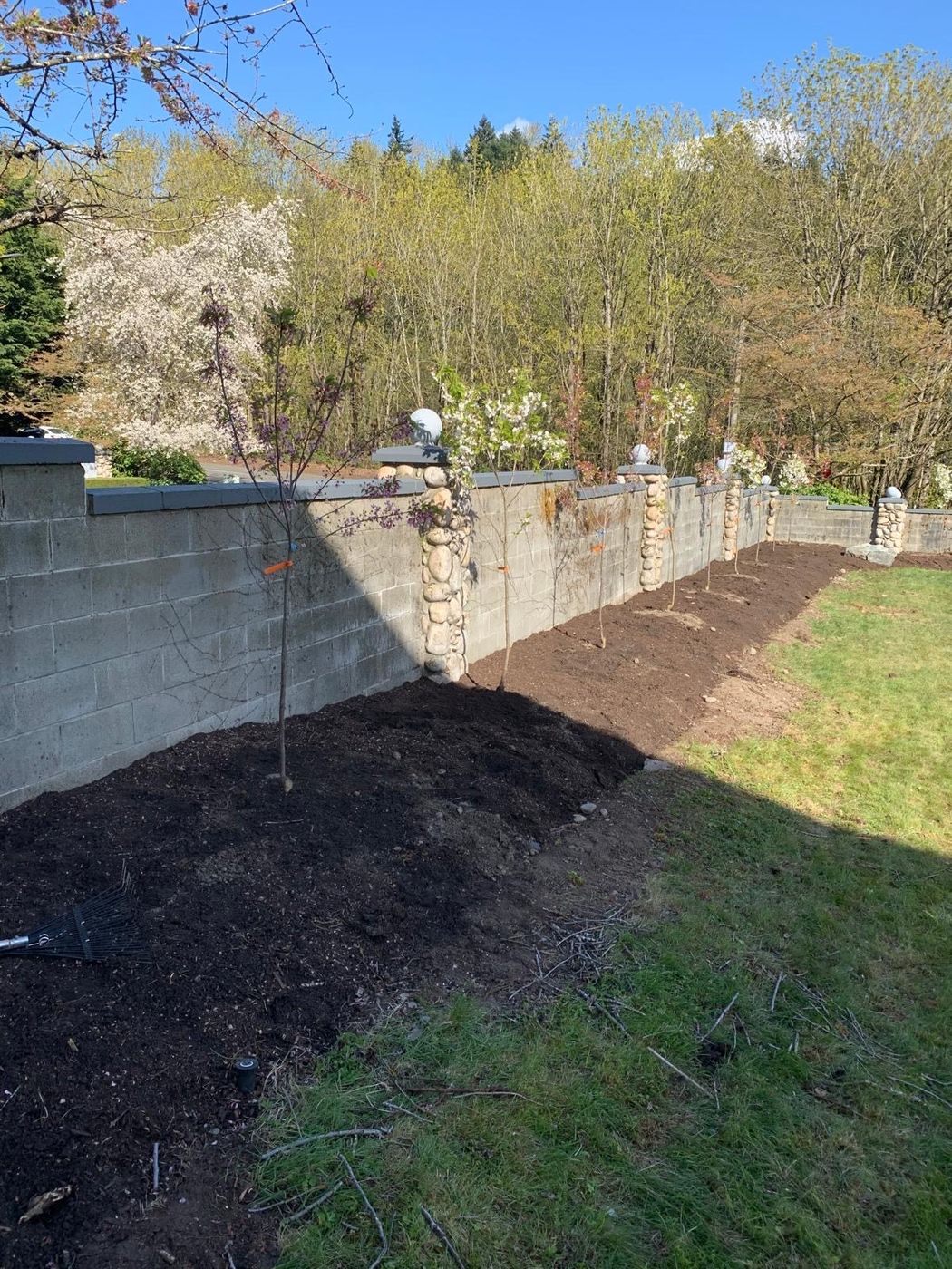 Long freshly mulched bed along a block retaining wall